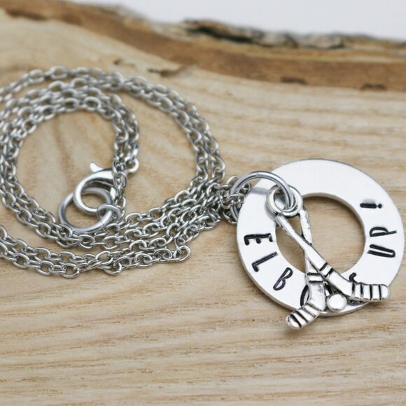 Elbows Up! Hockey Hand Stamped Pendant Necklace - Handmade & Hypoallergenic - Picture 3 of 10